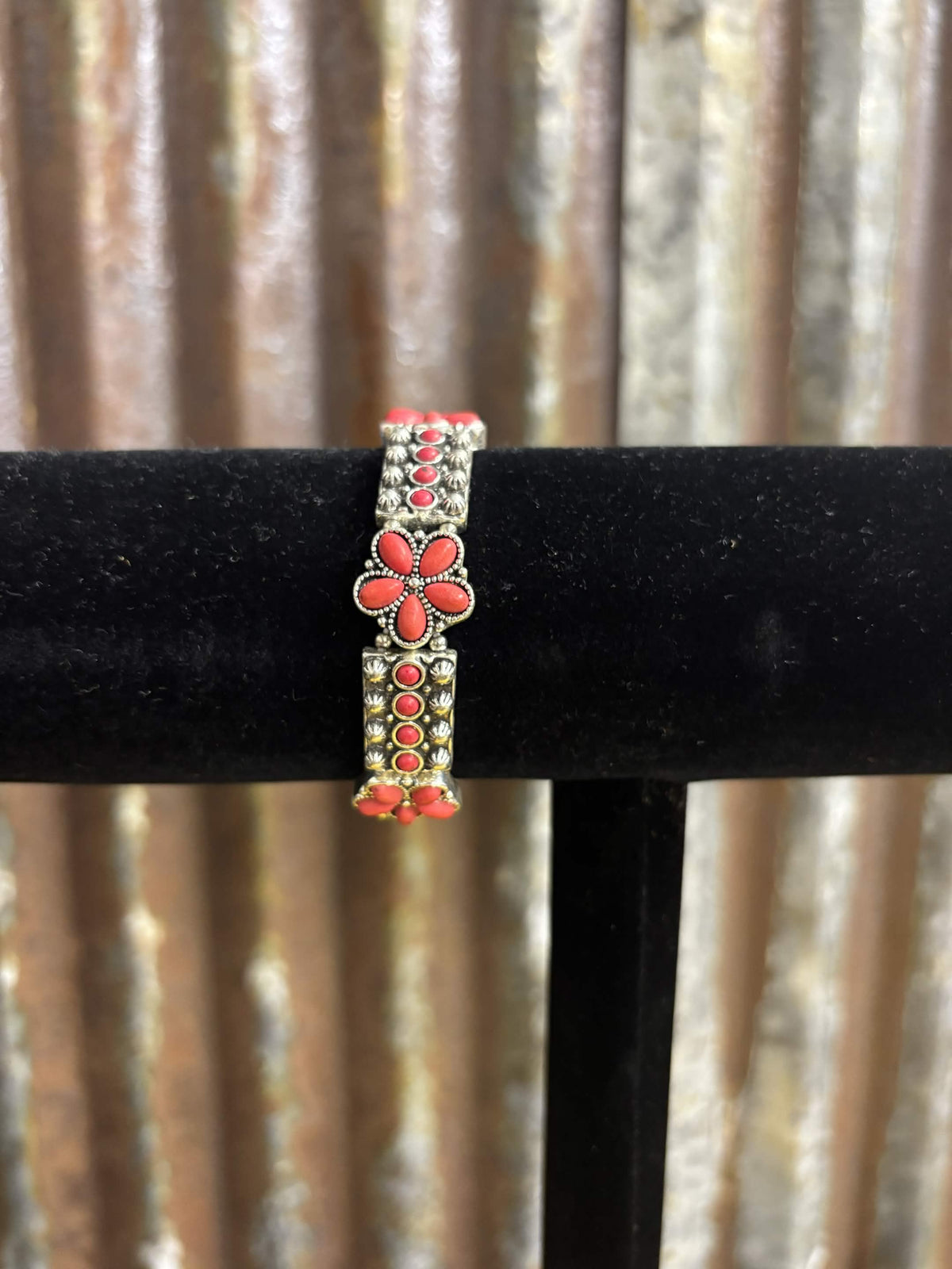 Coral Blossom & Antiqued Silver-Tone Bracelet