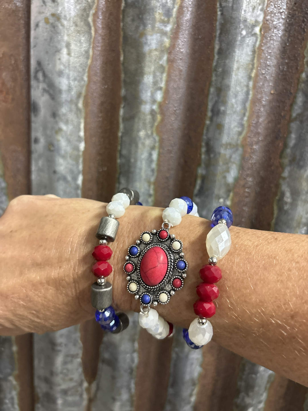 Patriotic Red, White & Blue Beaded Bracelet Stack