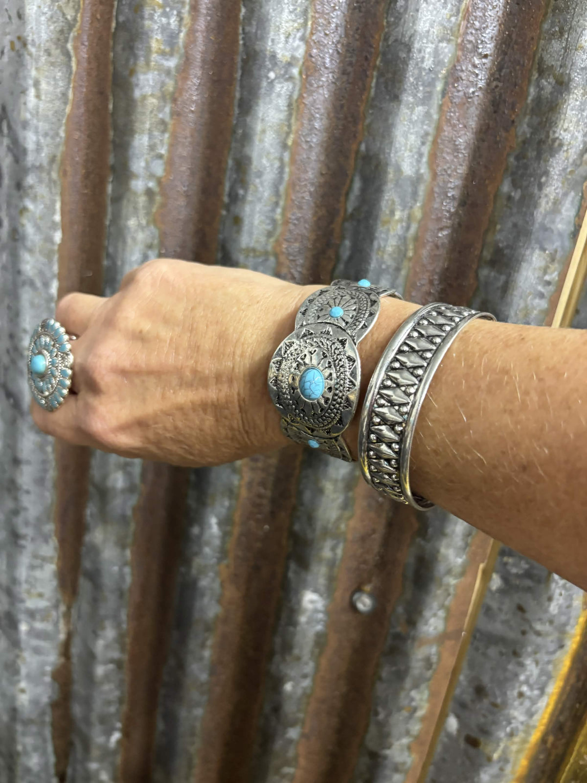 Stamped Silver-Tone & Turquoise Concho Cuff Set