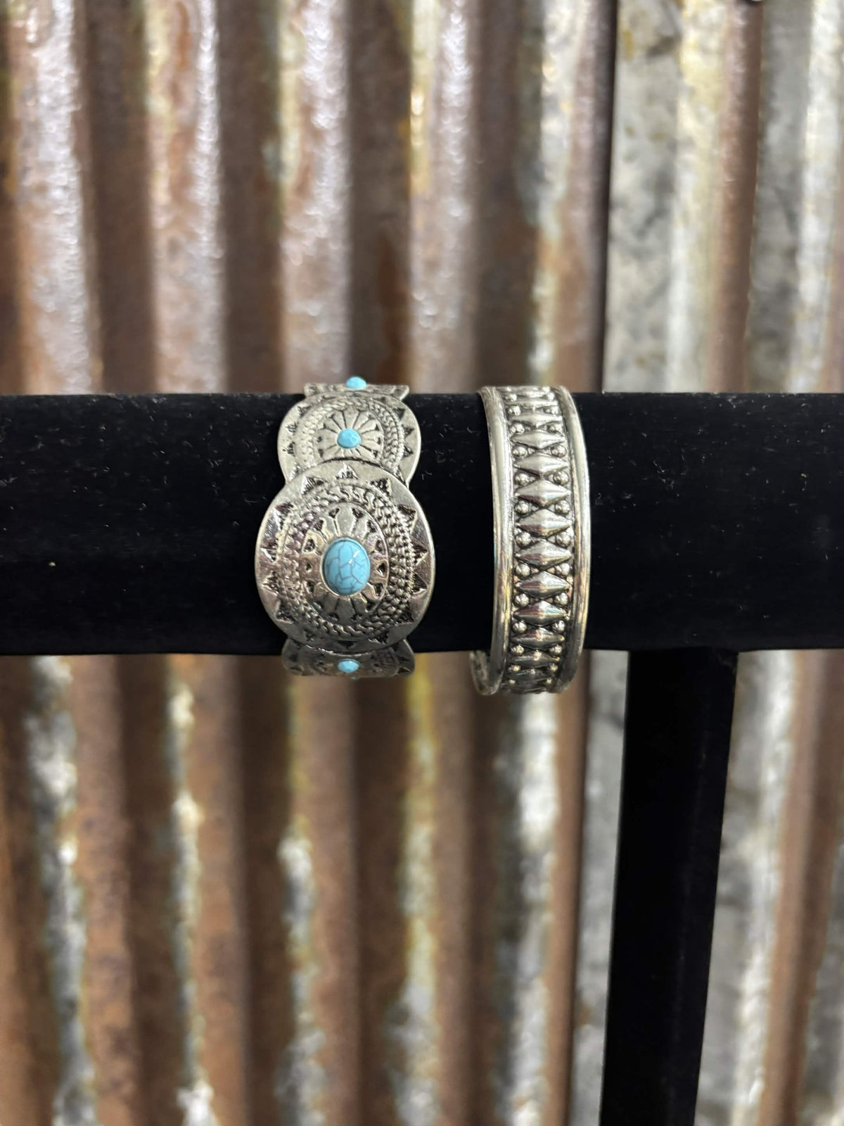 Stamped Silver-Tone & Turquoise Concho Cuff Set