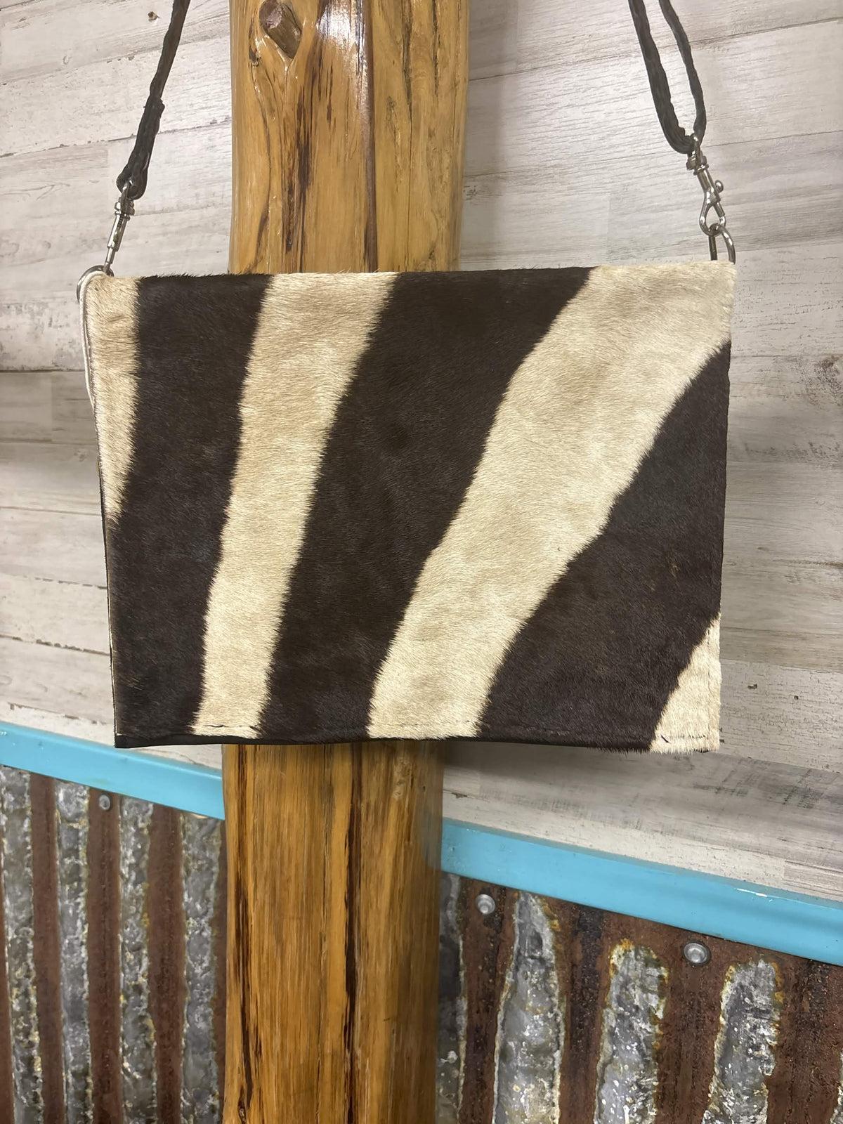 Handcrafted Genuine Zebra Hide Fold over Crossbody