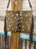 Handcrafted Genuine Axis Hide Fold over Fringe Bag