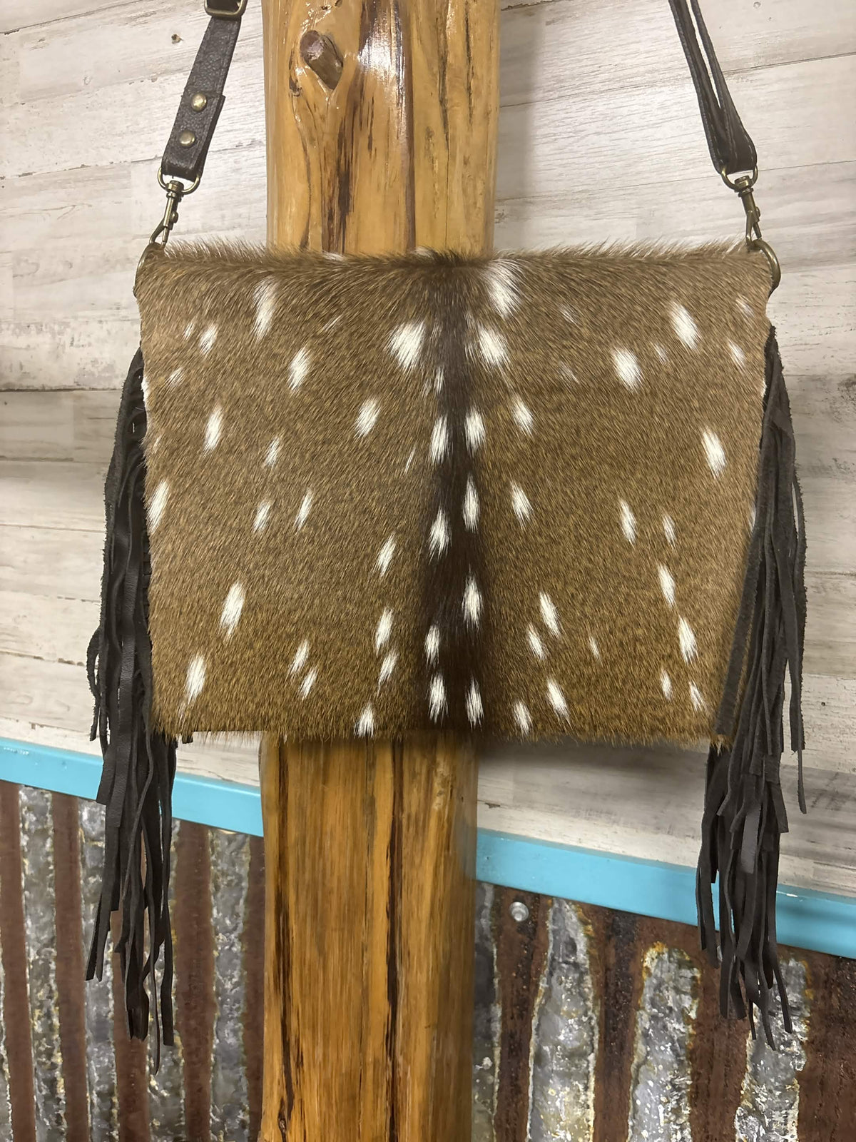 Handcrafted Genuine Axis Hide Fold over Fringe Bag
