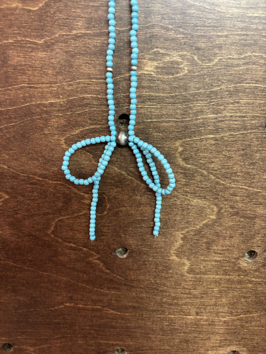 Dainty Turquoise Beaded Bow Necklace with Silver Accents