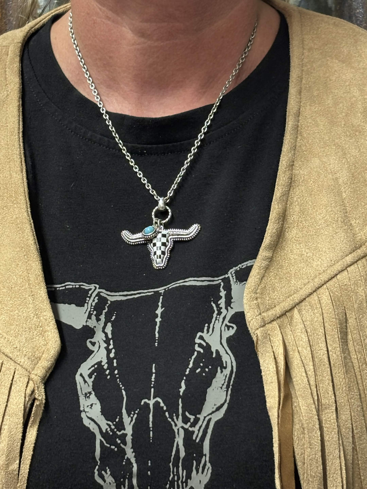 Southwestern Longhorn Skull Pendant Necklace – Turquoise Accent & Checker Inlay