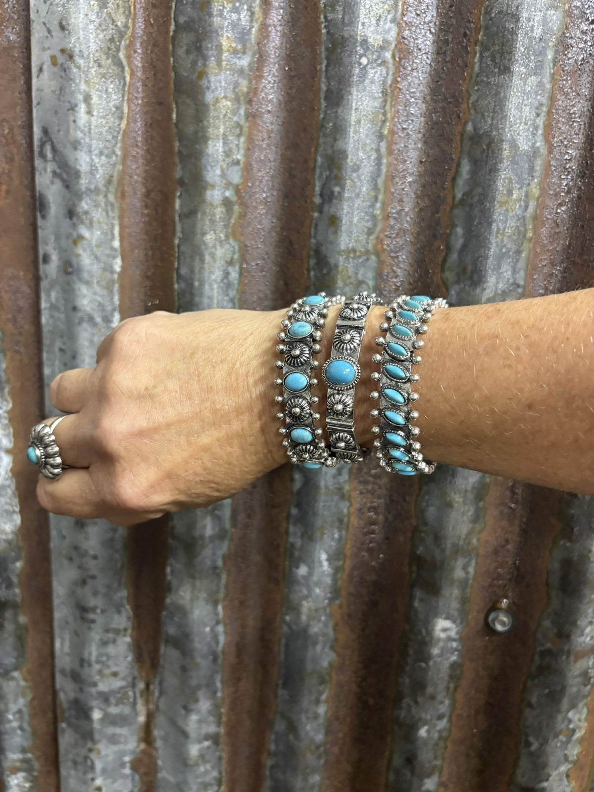 Three-Piece Stamped Turquoise & Silver-Tone Bracelet Stack
