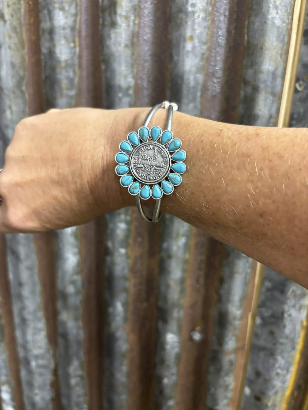Turquoise Sunburst & Vintage Coin Cuff