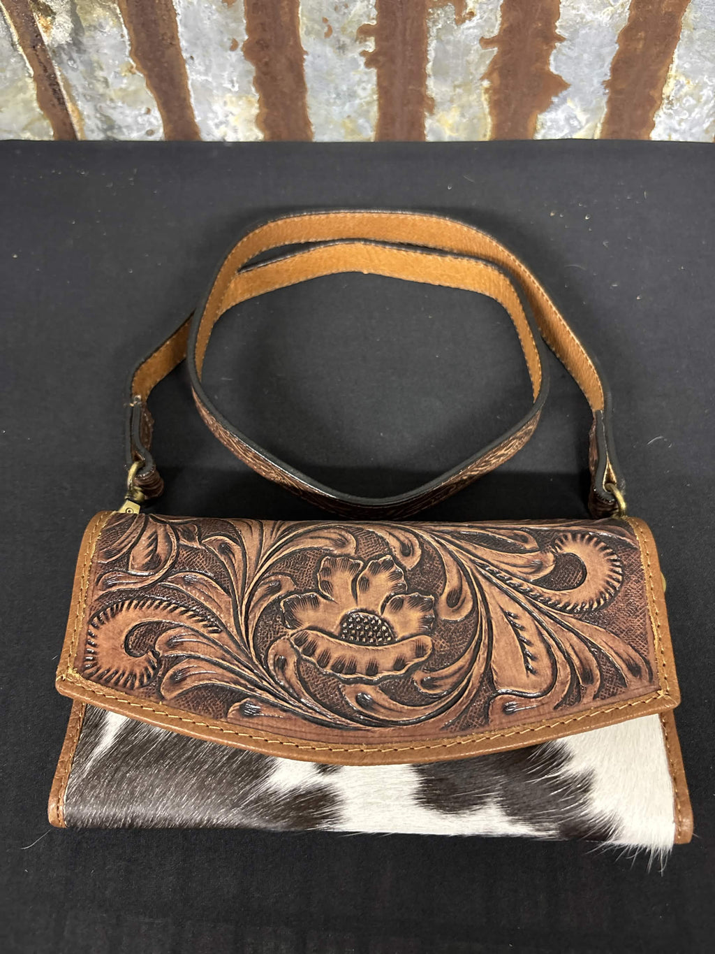 Western Floral Tooled Leather & Cowhide Convertible Wallet