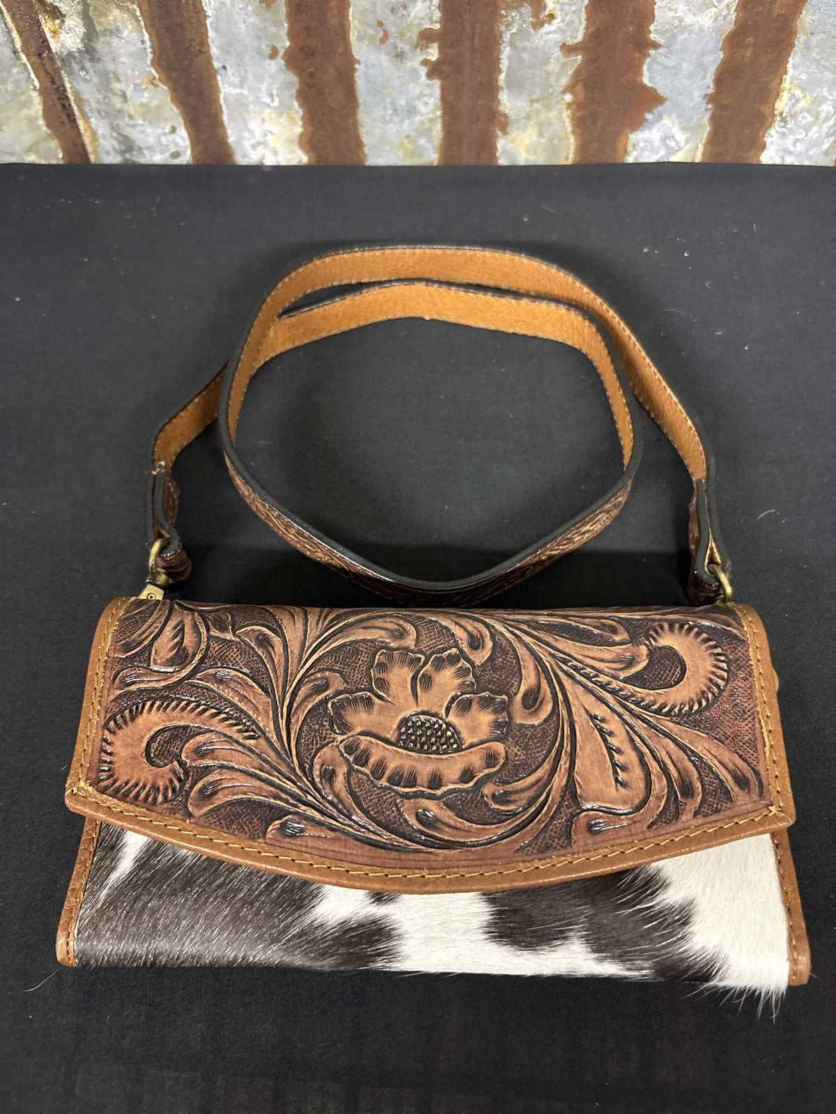 Western Floral Tooled Leather & Cowhide Convertible Wallet