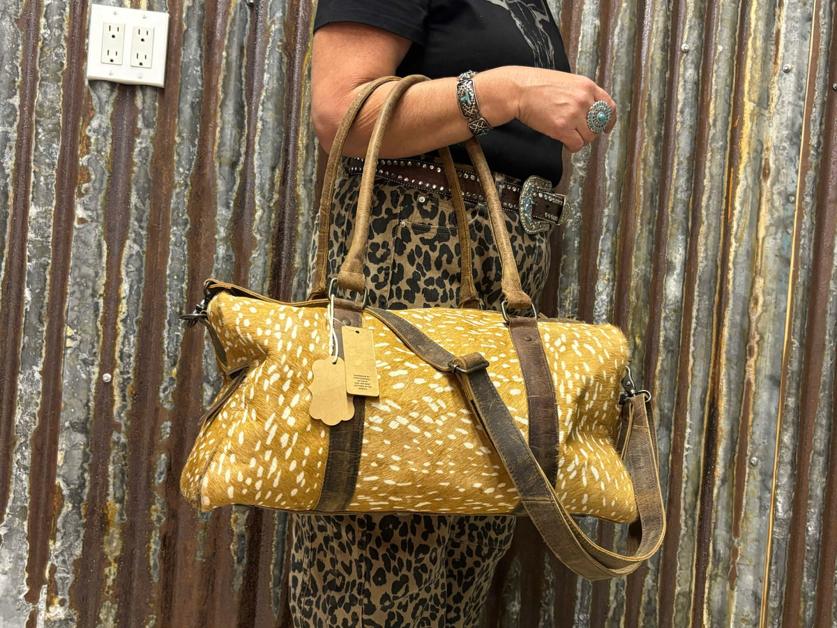 Speckled Fawn Cowhide Overnight Duffel