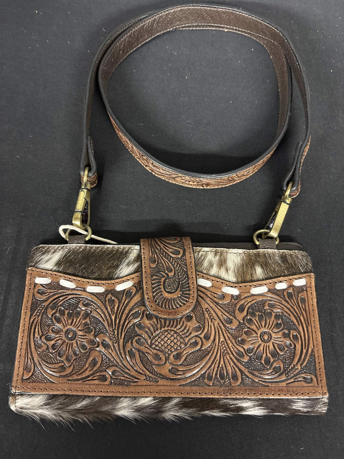 Western Floral Tooled Leather & Cowhide Crossbody Wallet