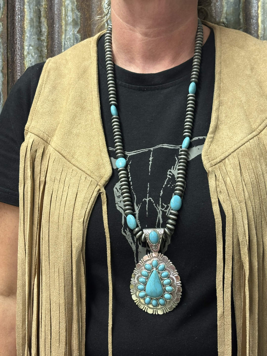 Turquoise Teardrop Concho Necklace