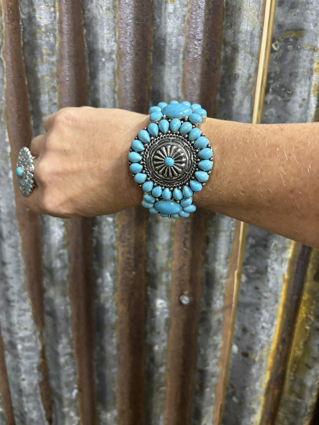 Statement Turquoise Concho & Stamped Panel Bracelet