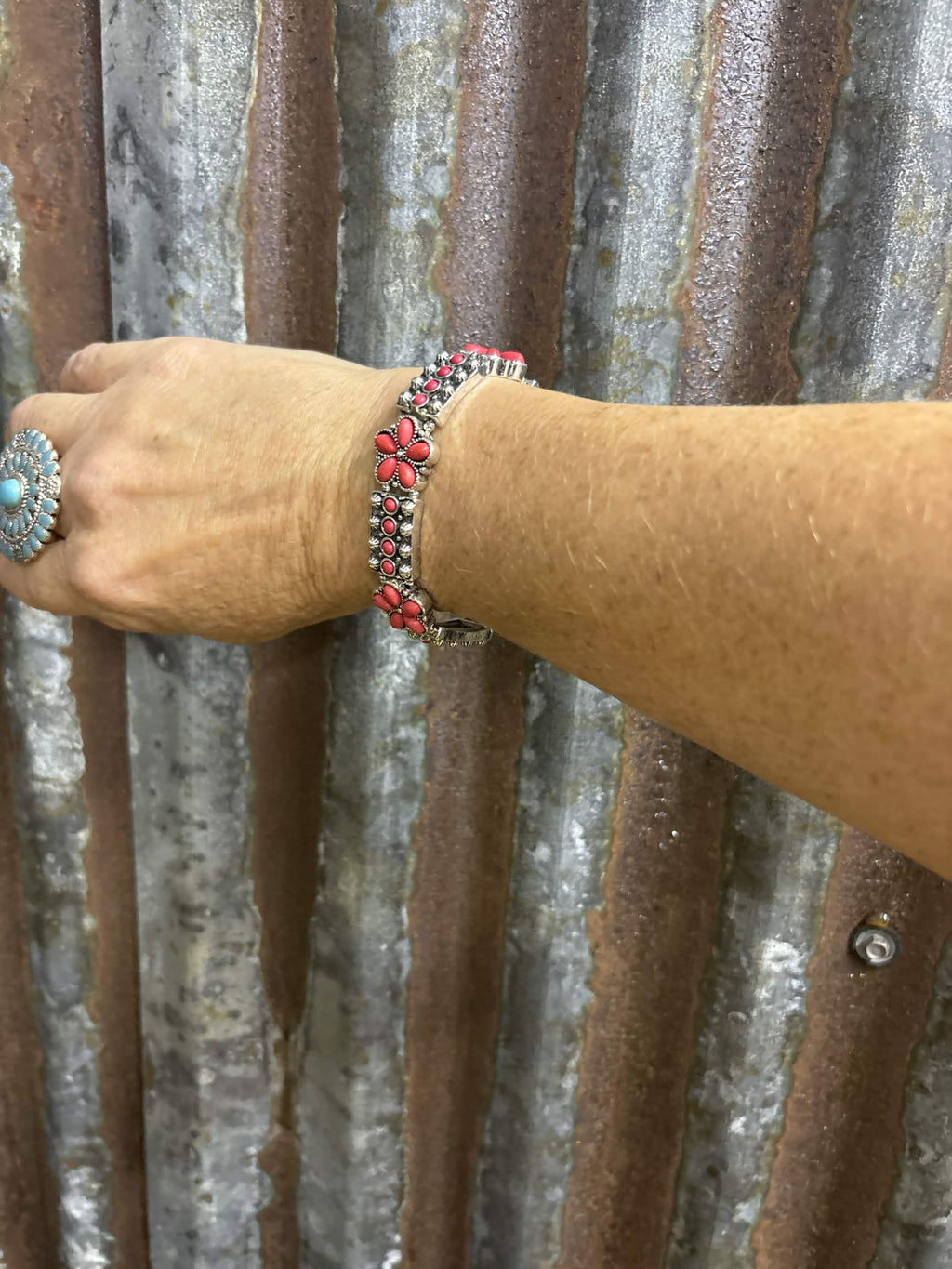 Coral Blossom & Antiqued Silver-Tone Bracelet