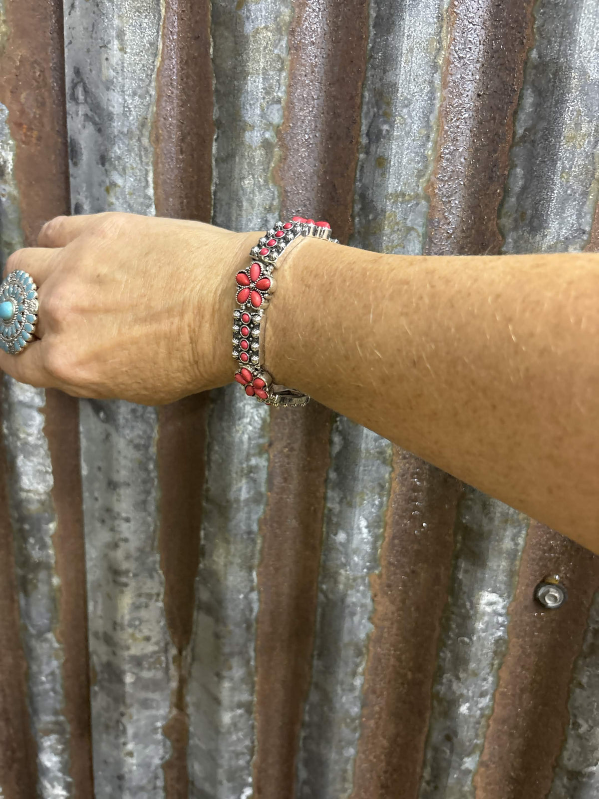 Coral Blossom & Antiqued Silver-Tone Bracelet