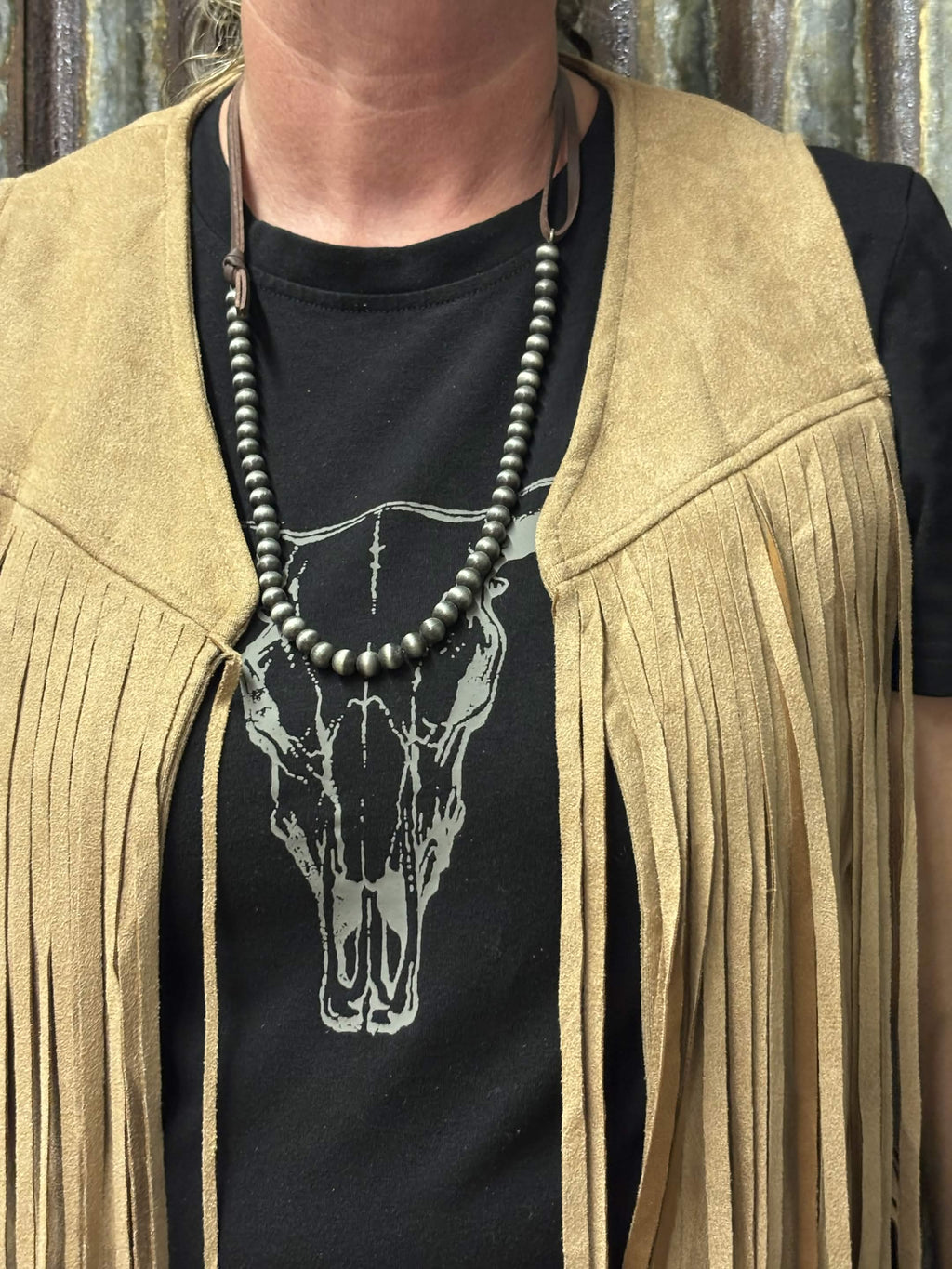 Leather & Silver Bead Western Necklace