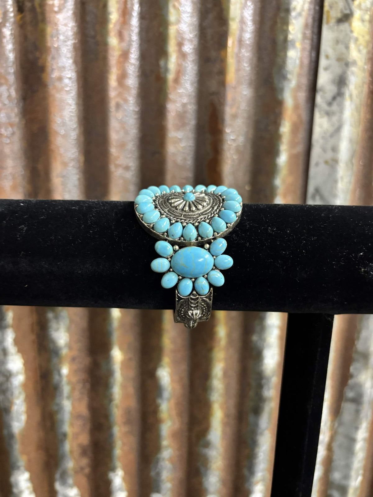 Statement Turquoise Concho & Stamped Panel Bracelet