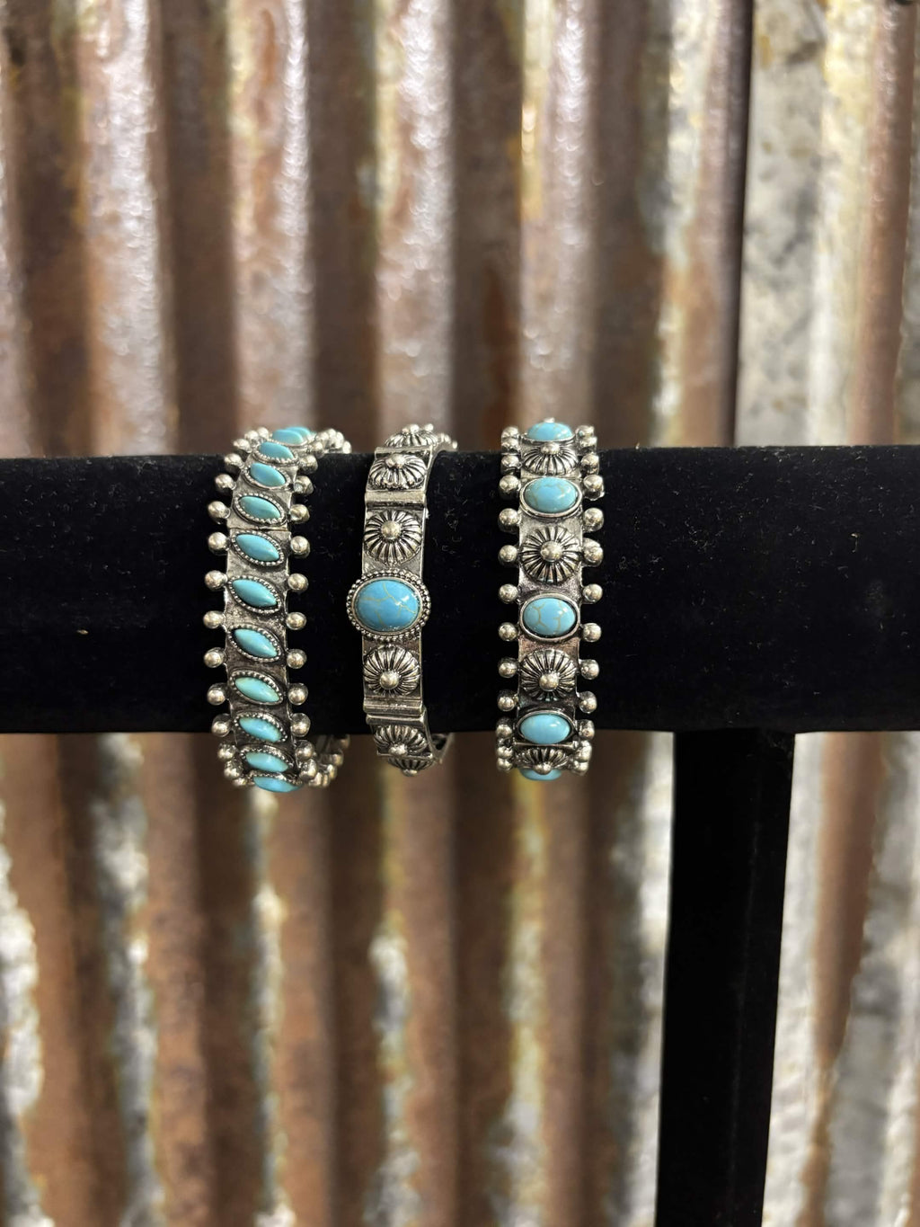 Three-Piece Stamped Turquoise & Silver-Tone Bracelet Stack