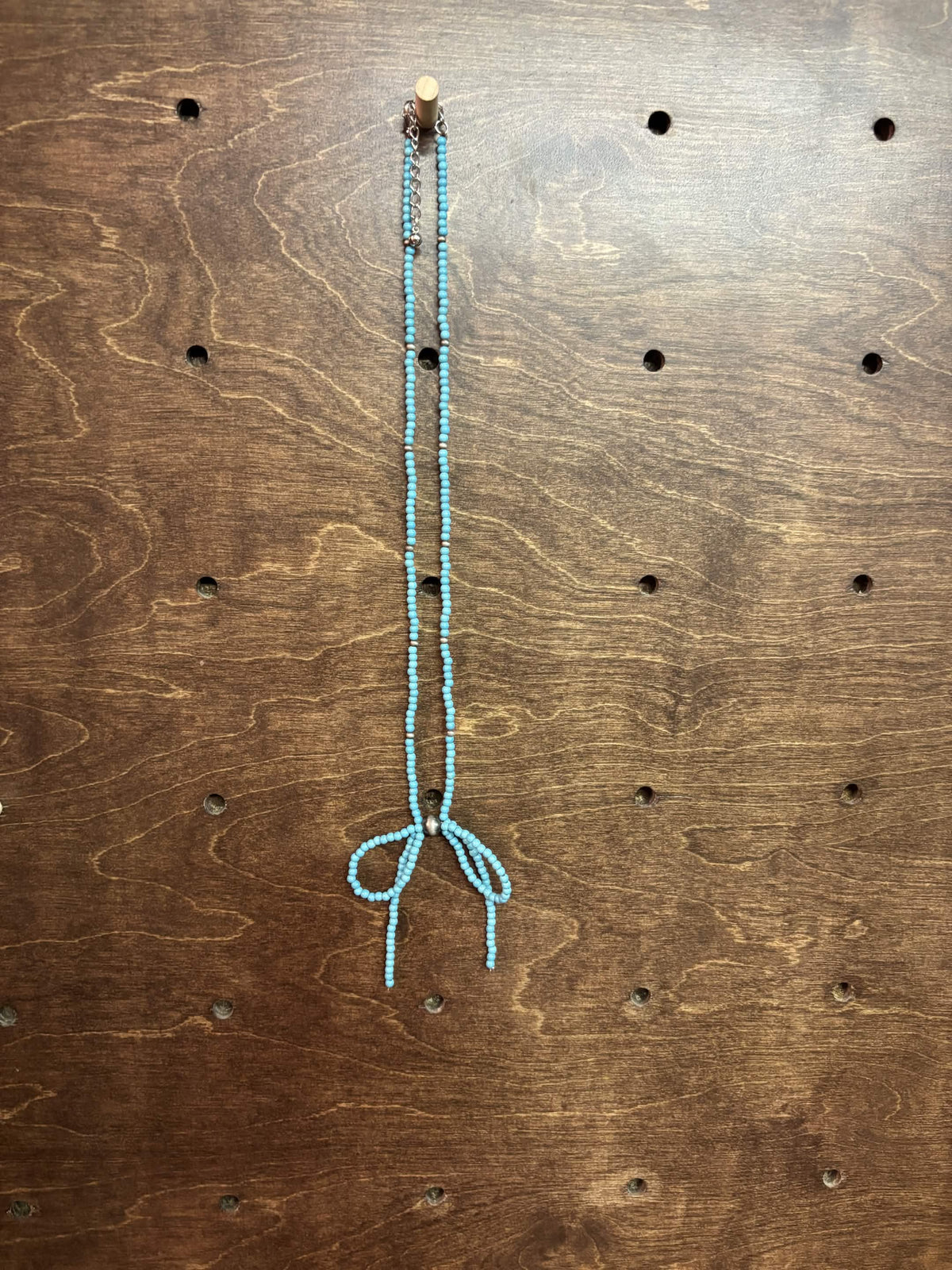 Dainty Turquoise Beaded Bow Necklace with Silver Accents