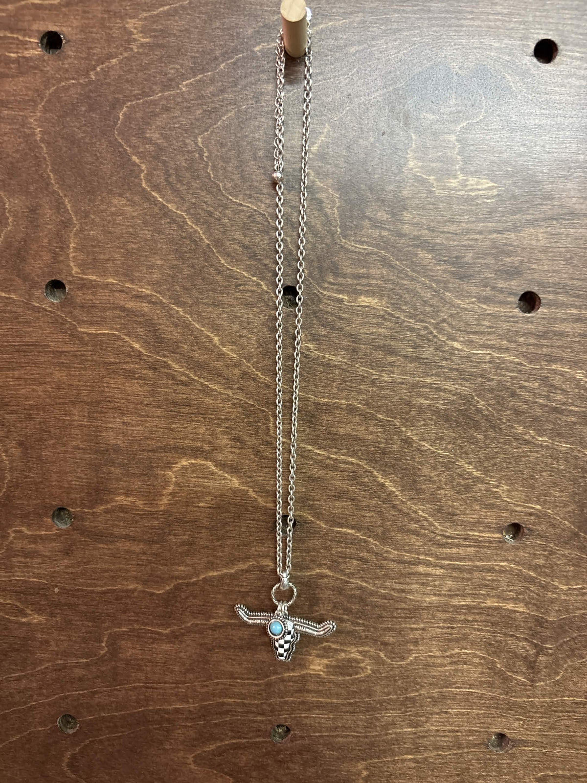 Southwestern Longhorn Skull Pendant Necklace – Turquoise Accent & Checker Inlay