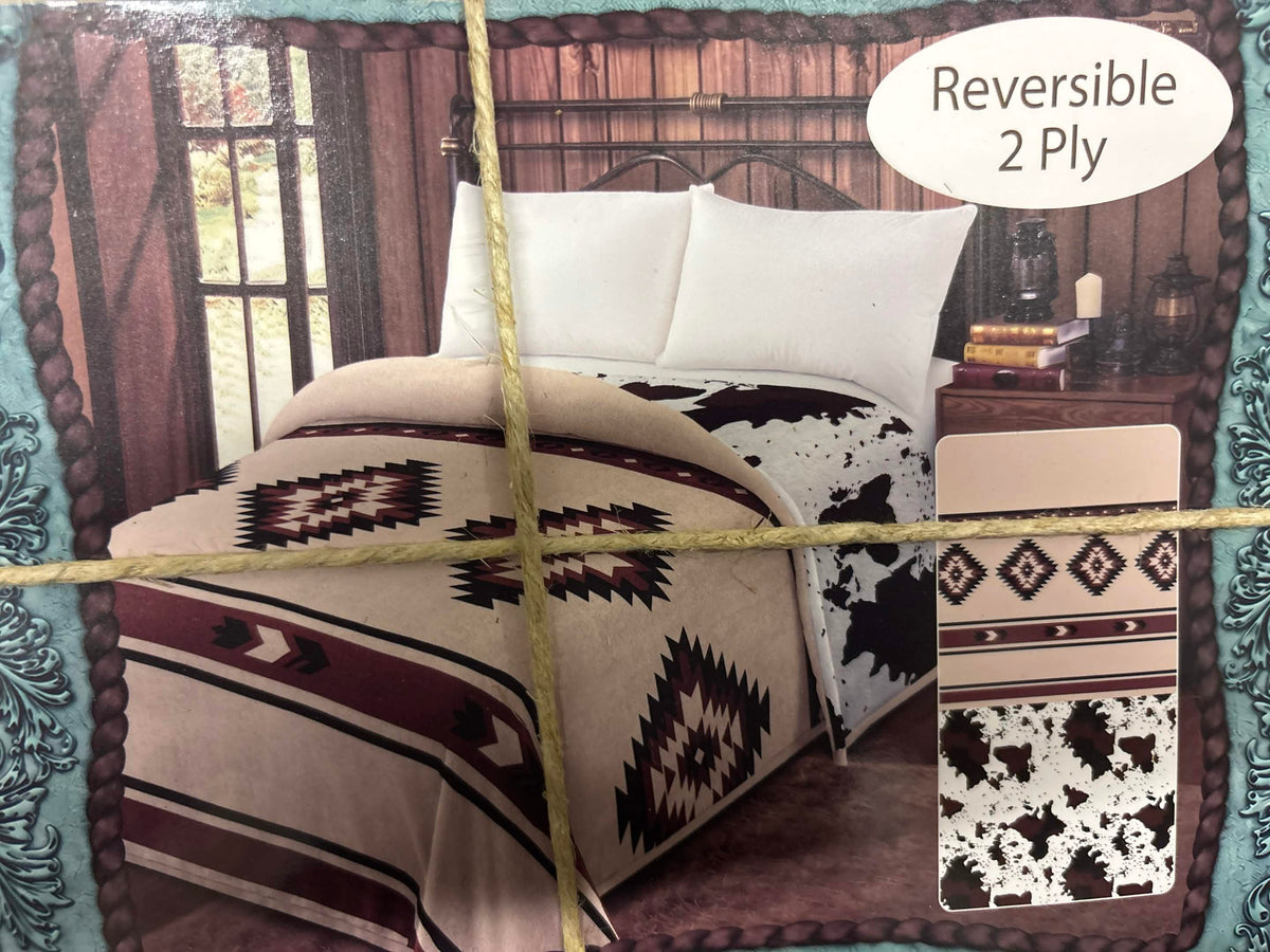 Reversible Western Aztec & Cowhide Print 2‑Ply King Blanket