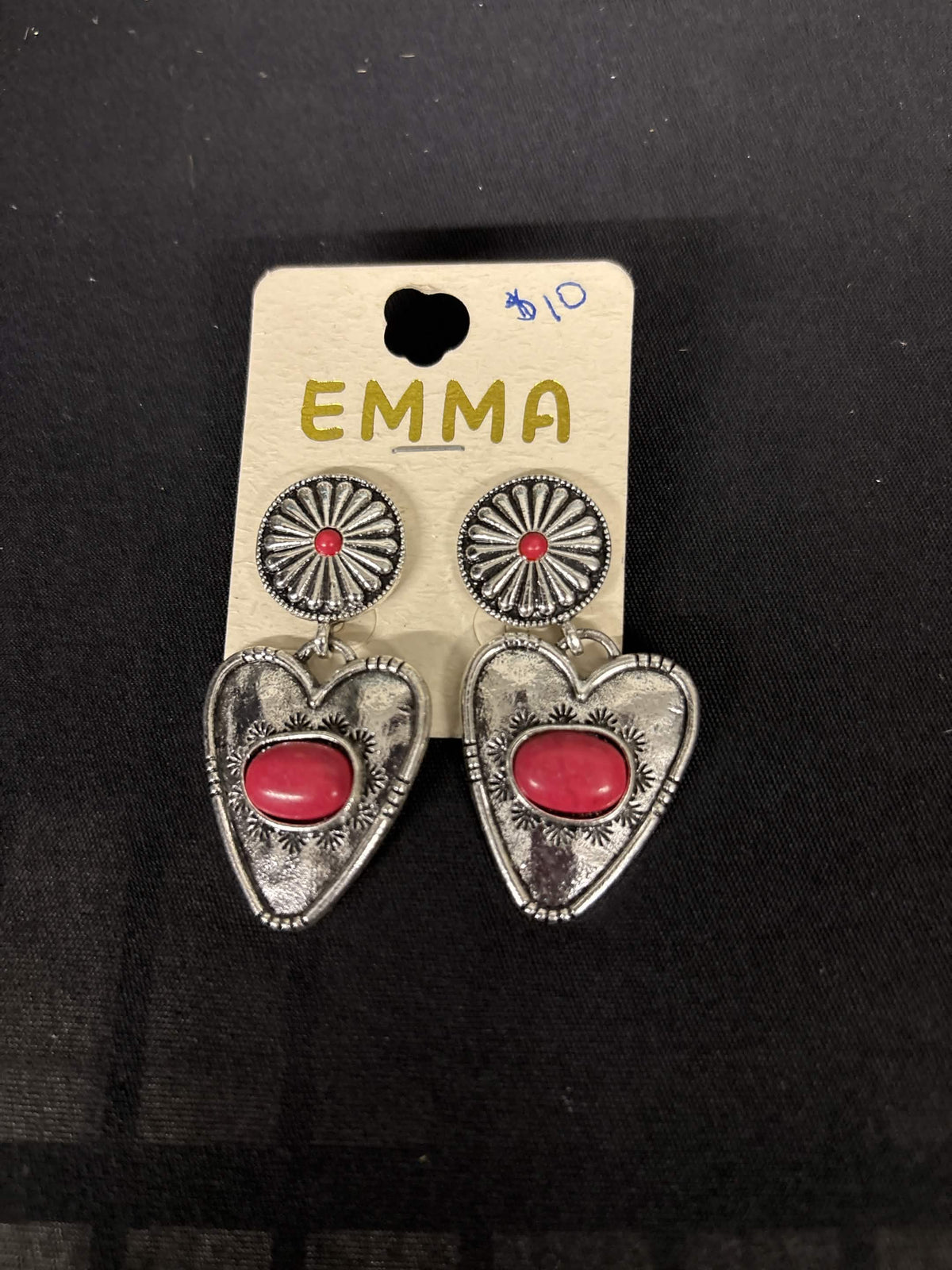 Western Silver & Red Stone Heart Drop Earrings
