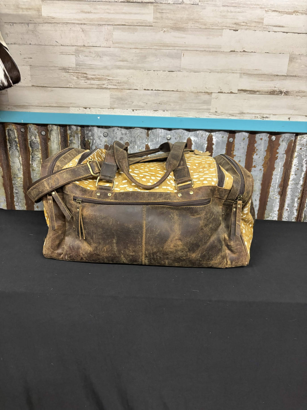 Western Multi-Pocket Fawn Print & Leather Weekender Duffel