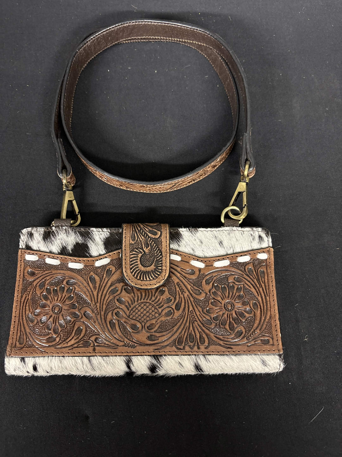 Western Floral Tooled Leather & Cowhide Crossbody Wallet