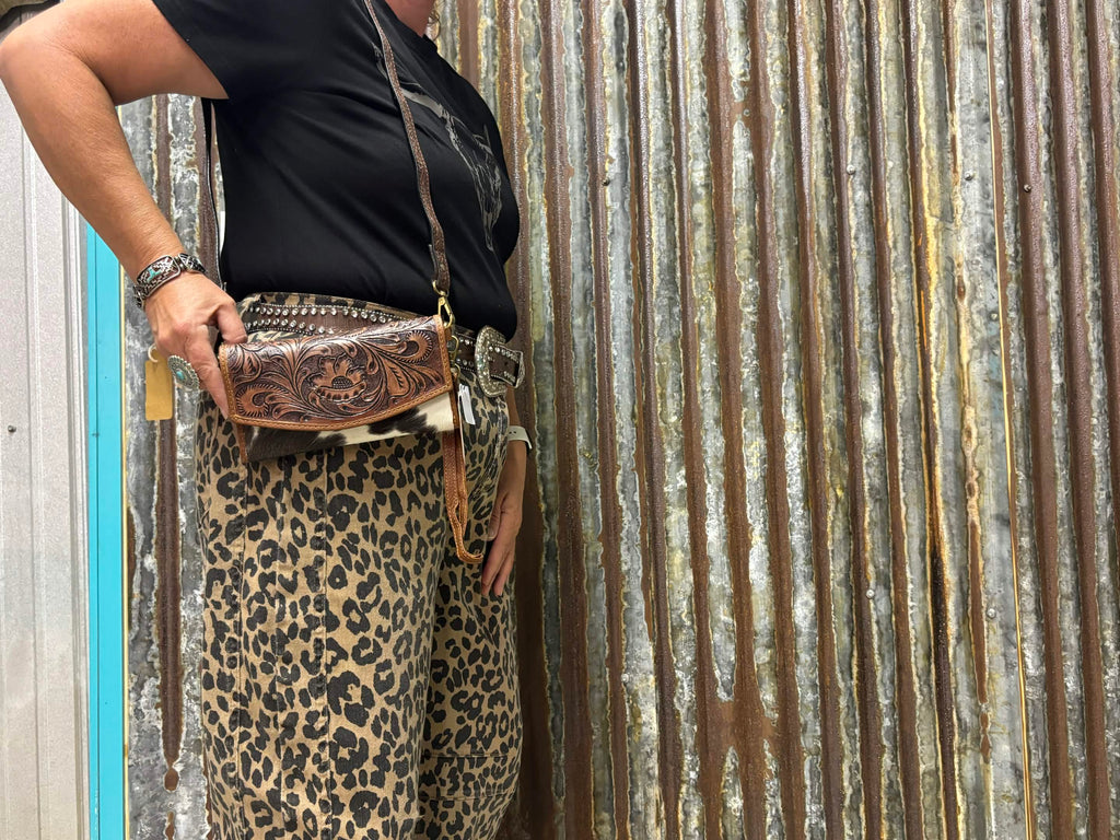Western Floral Tooled Leather & Cowhide Convertible Wallet