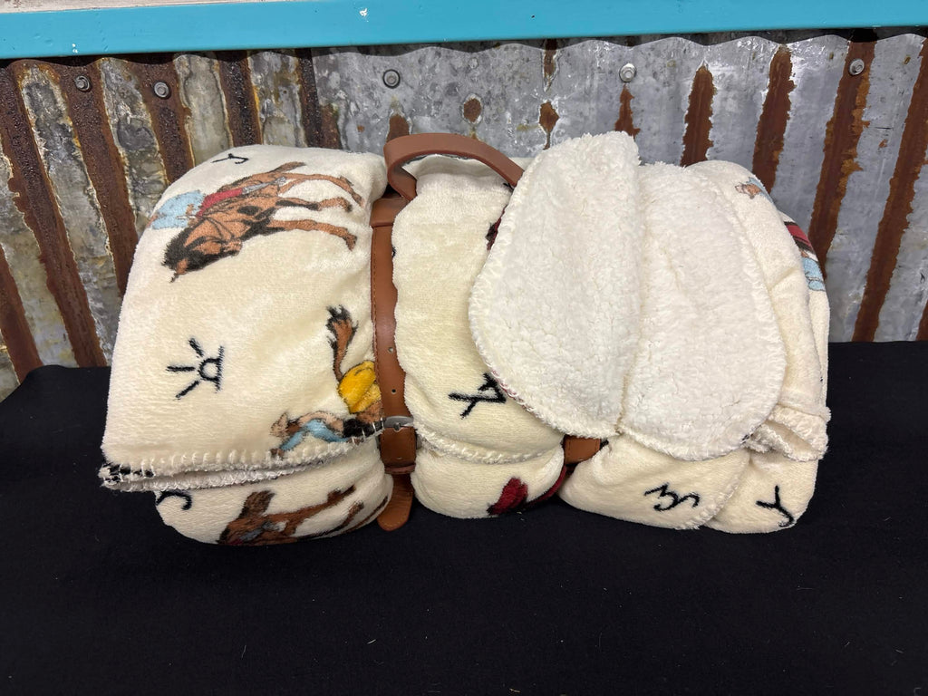 Western Cowboy Branded Sherpa‑Backed Queen Blanket