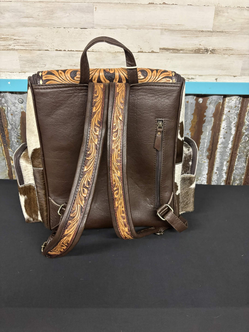 Western Floral Tooled Leather & Hair-On Hide Concealed Carry Backpack