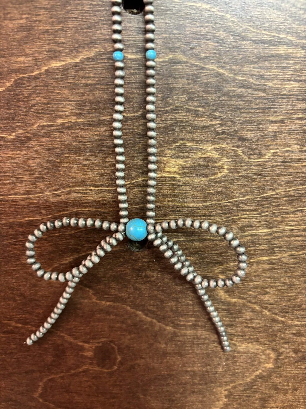 Turquoise Silver Beaded Bow Necklace