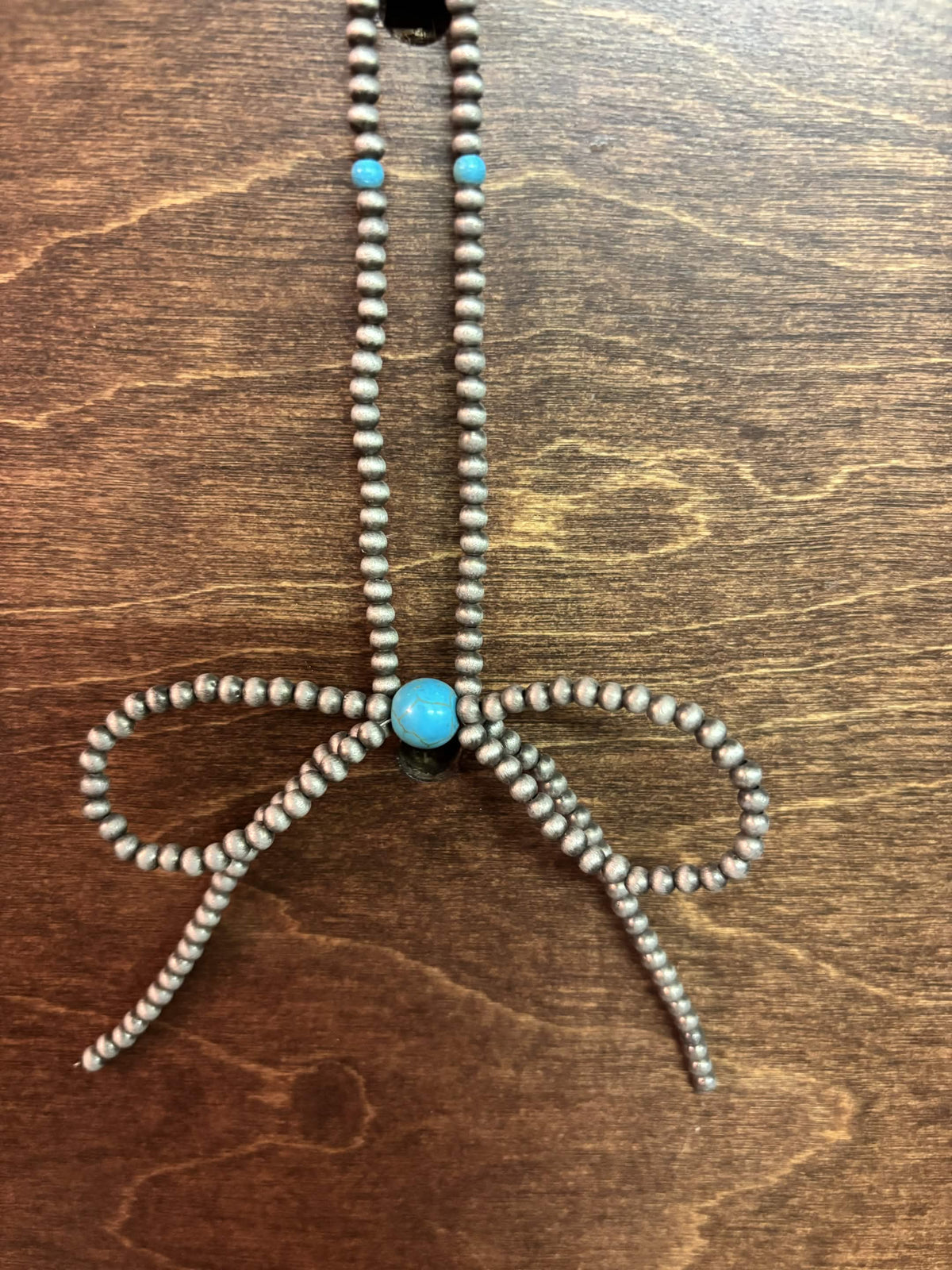 Turquoise Silver Beaded Bow Necklace
