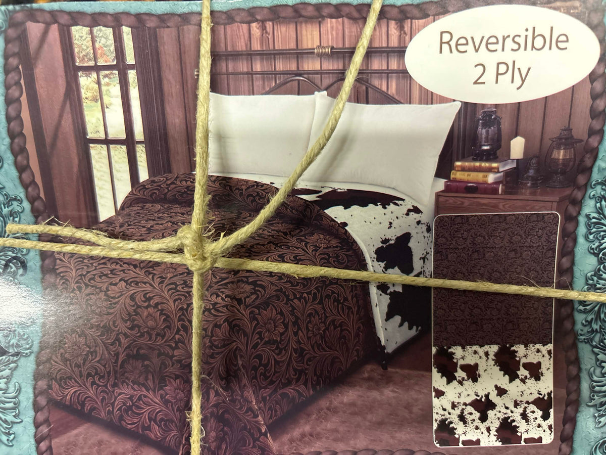 Reversible Western Floral Damask & Cowhide Print 2‑Ply King Blanket