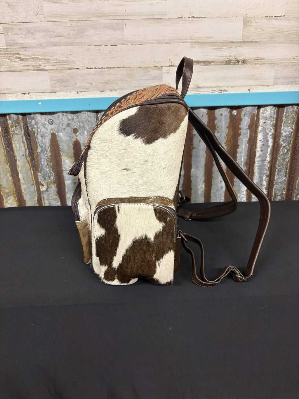 Western Floral Tooled Leather & Hair-On Hide Concealed Carry Backpack