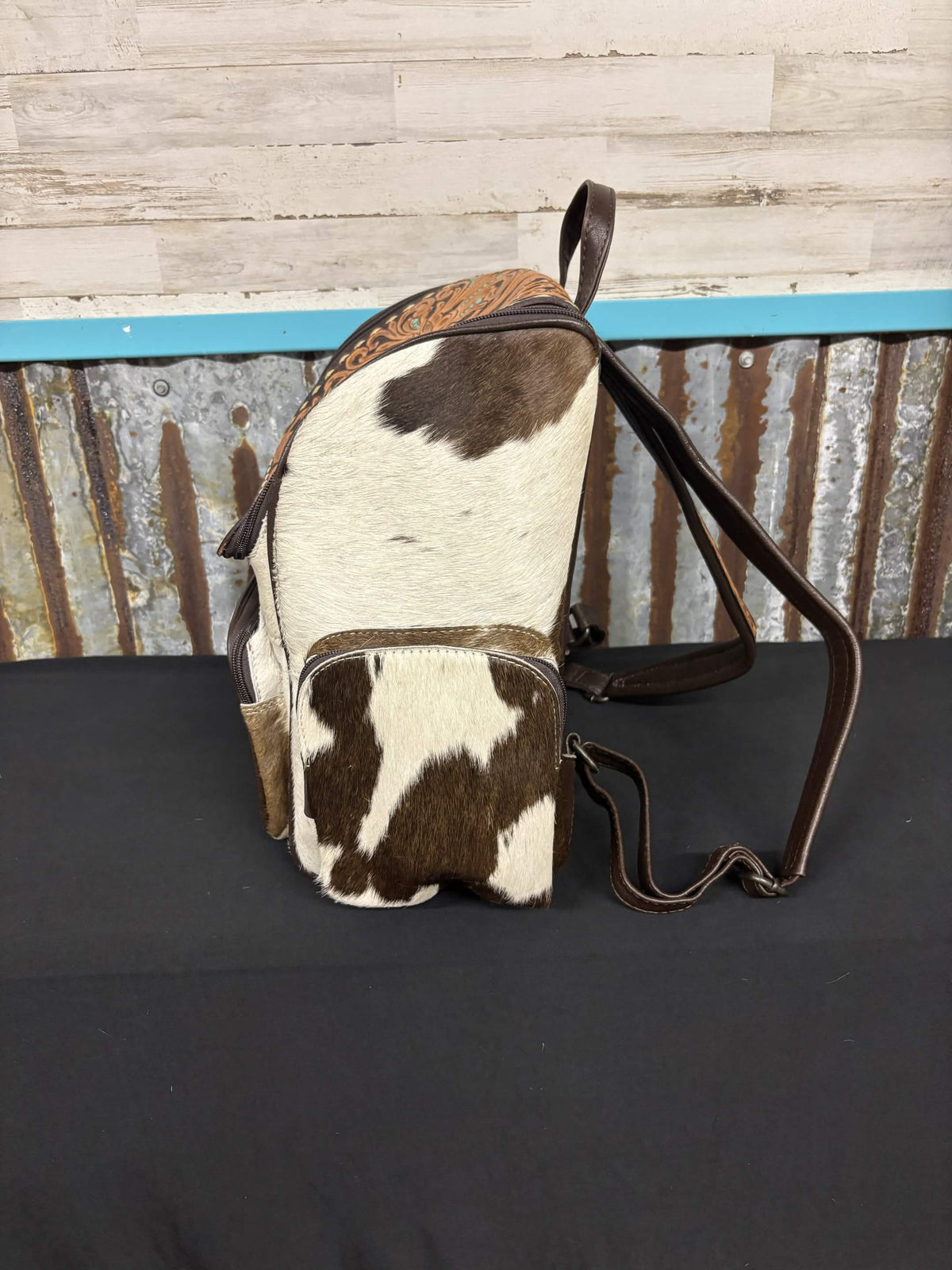 Western Floral Tooled Leather & Hair-On Hide Concealed Carry Backpack