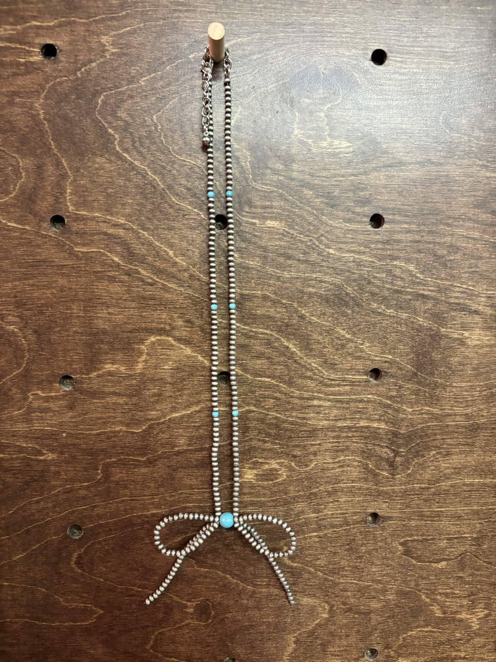 Turquoise Silver Beaded Bow Necklace