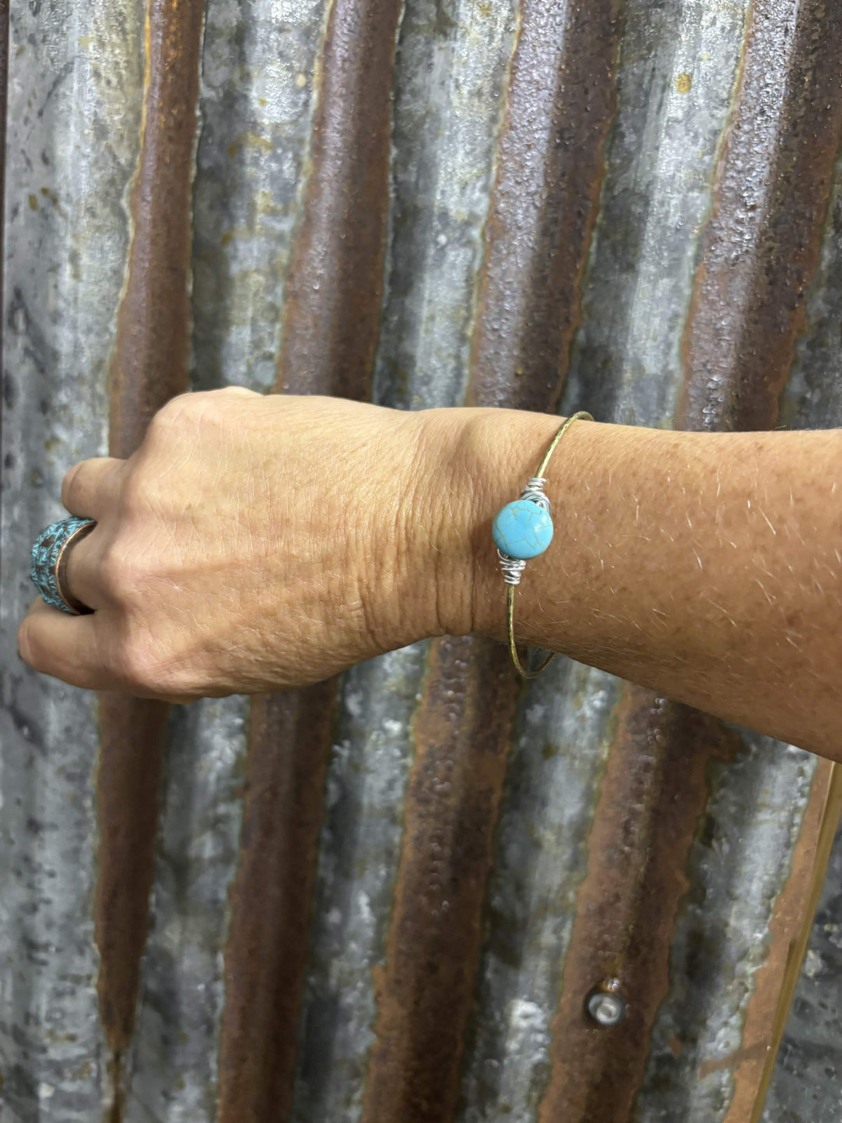 Minimalist Wire-Wrapped Turquoise Bangle