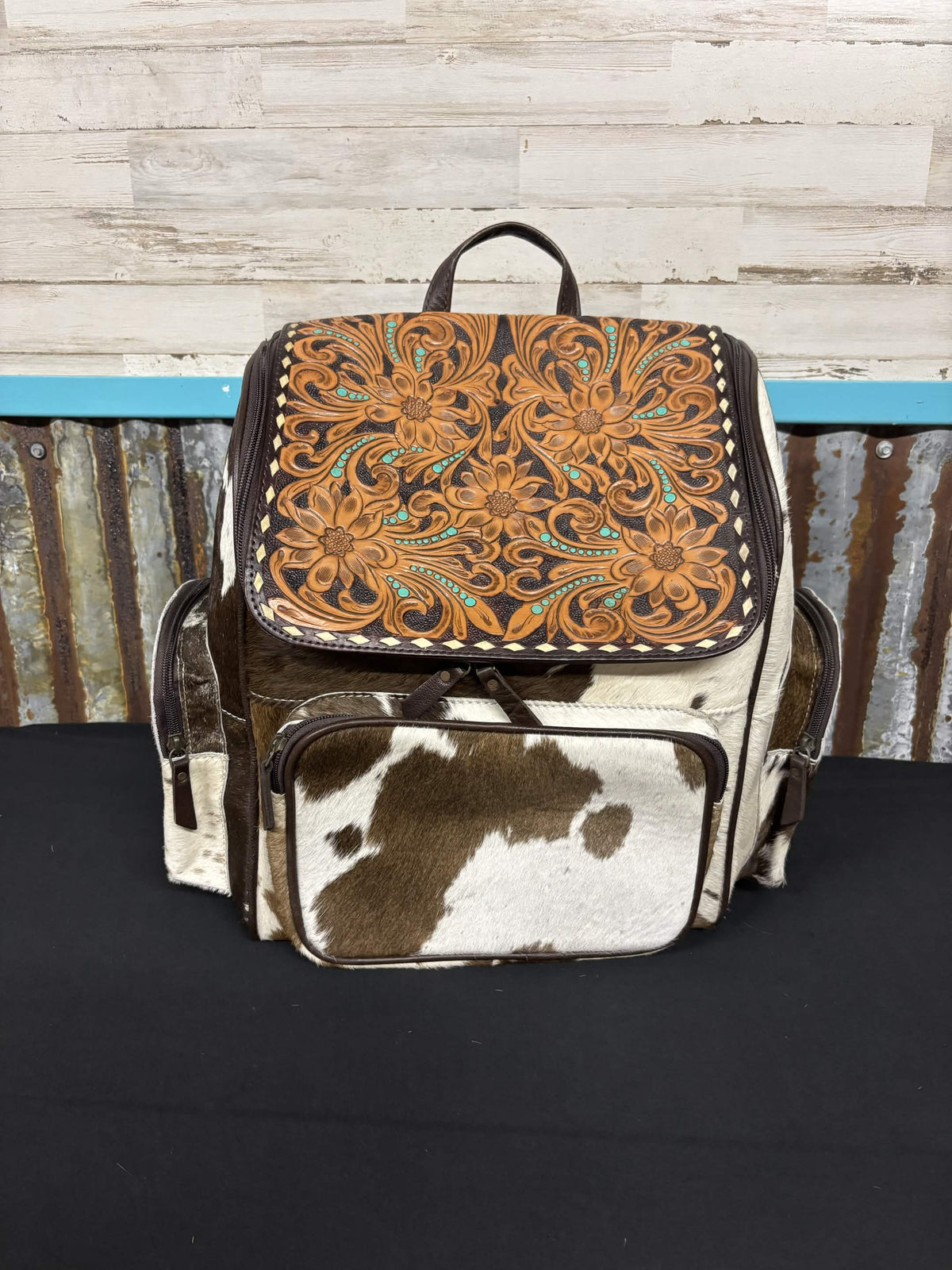 Western Floral Tooled Leather & Hair-On Hide Concealed Carry Backpack