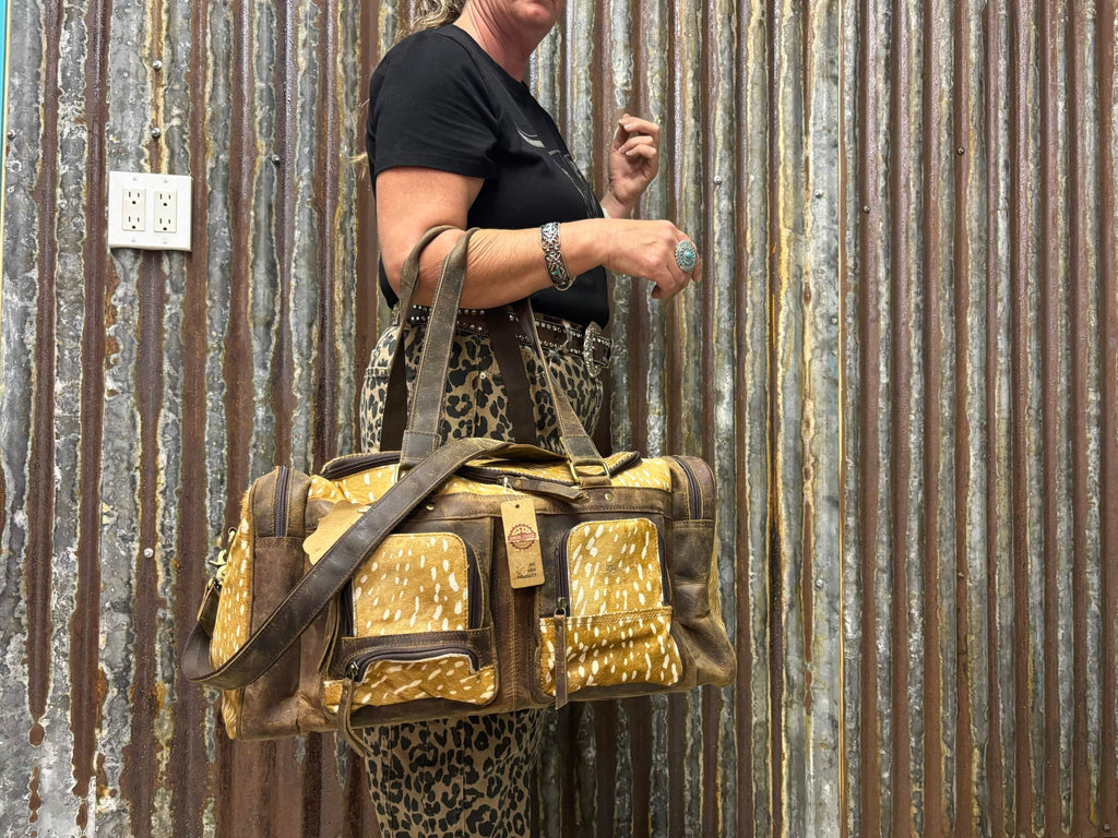 Western Multi-Pocket Fawn Print & Leather Weekender Duffel