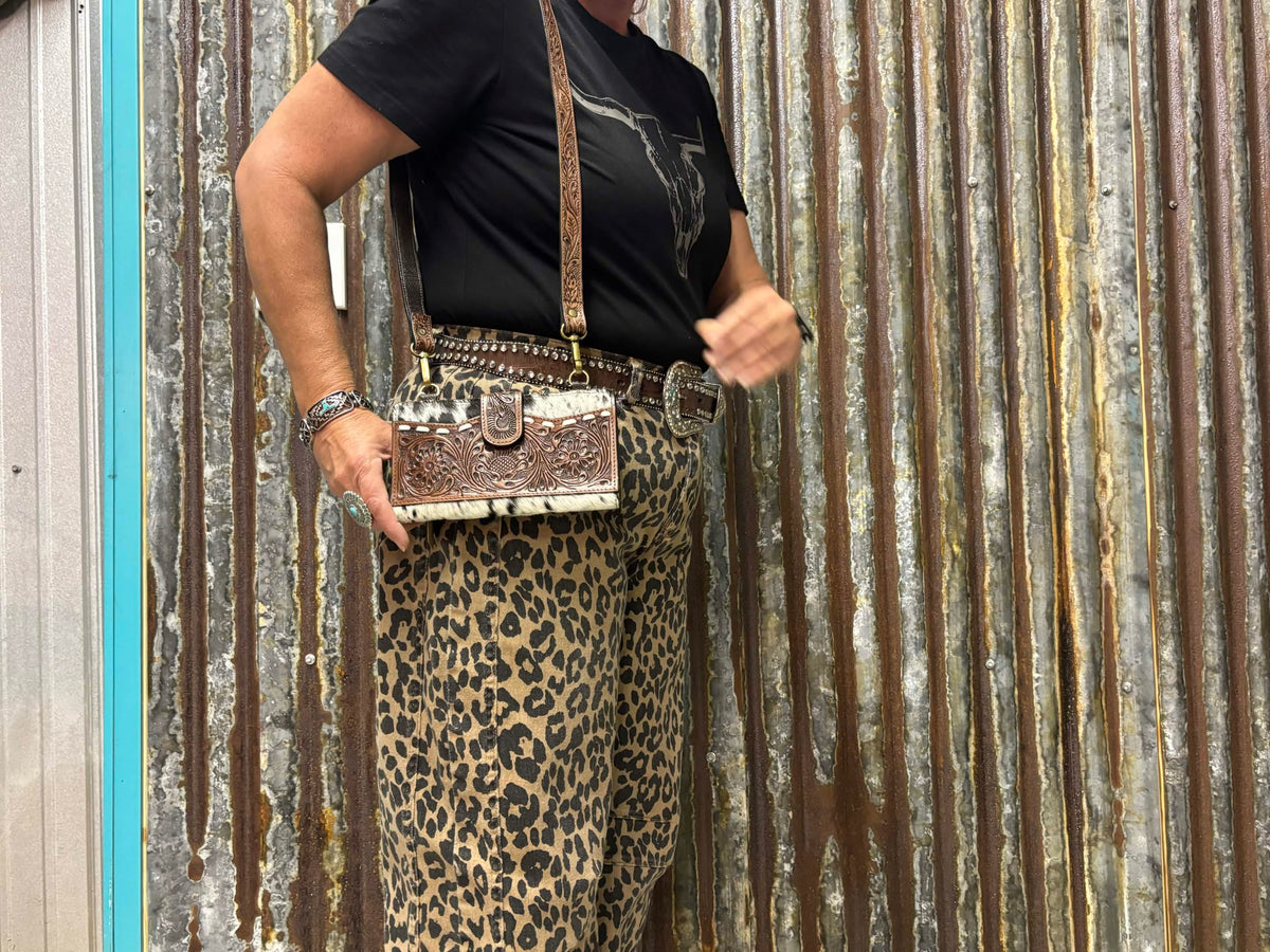 Western Floral Tooled Leather & Cowhide Crossbody Wallet