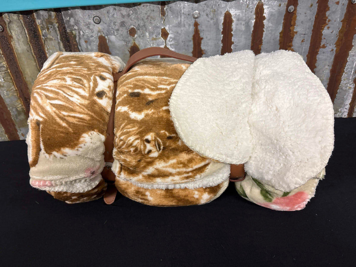 Western Highlander Cow & Calf Floral Sherpa‑Backed Queen Blanket