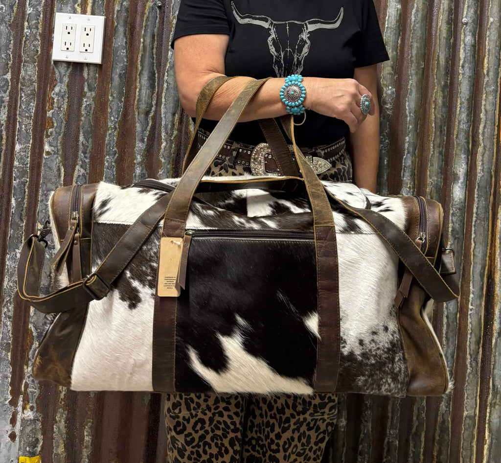 Black & White Cowhide Weekender Duffel Bag