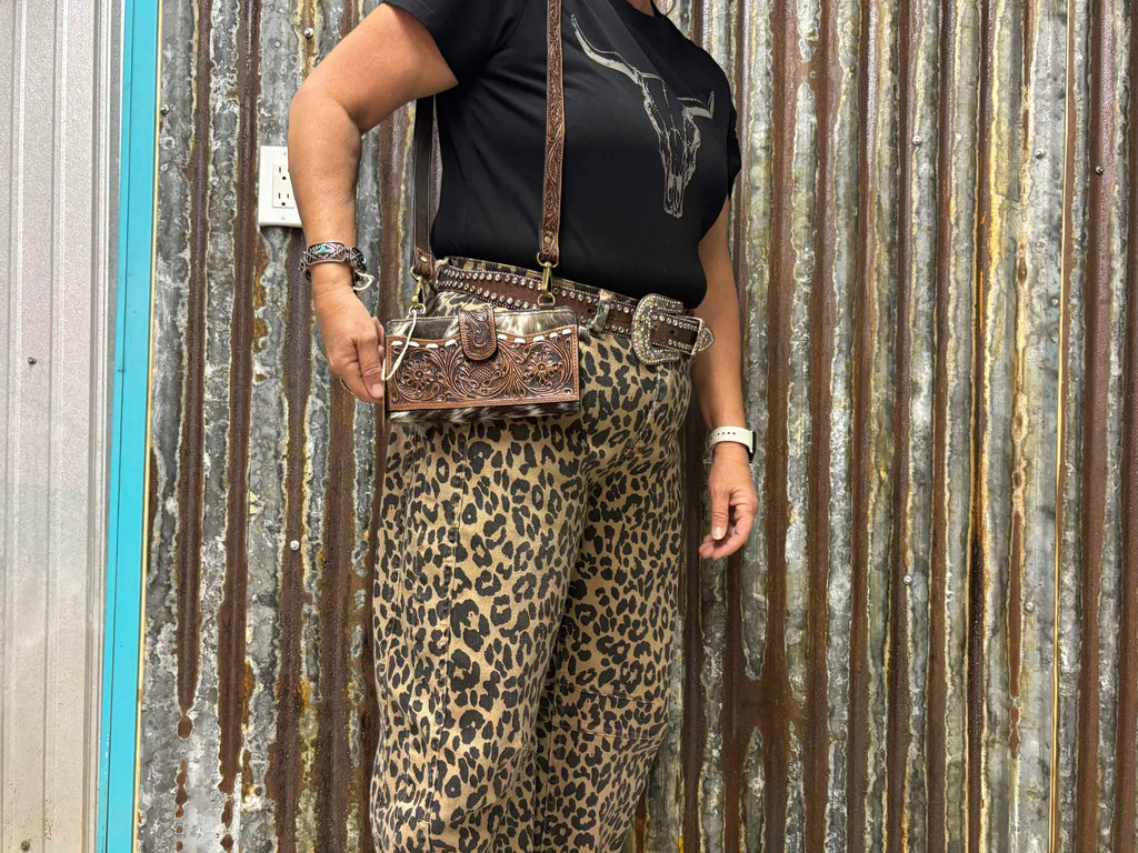 Western Floral Tooled Leather & Cowhide Crossbody Wallet
