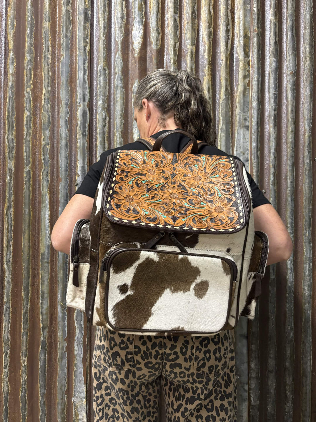 Western Floral Tooled Leather & Hair-On Hide Concealed Carry Backpack