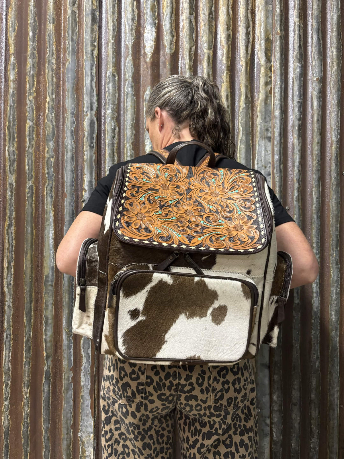 Western Floral Tooled Leather & Hair-On Hide Concealed Carry Backpack