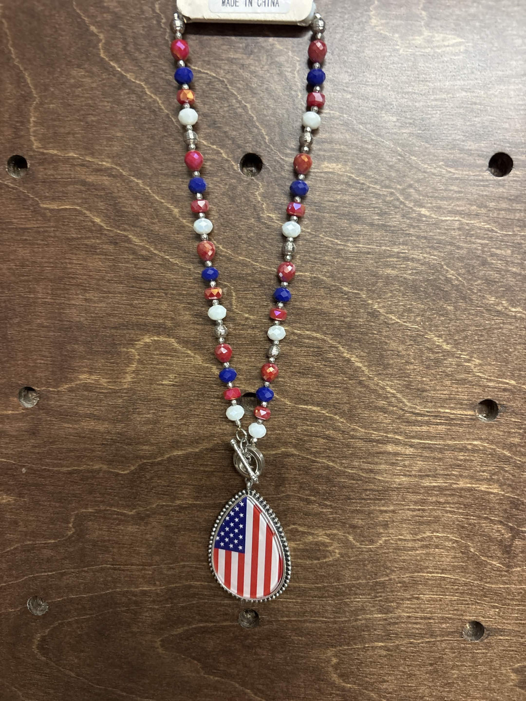 Patriotic Beaded American Flag Teardrop Necklace