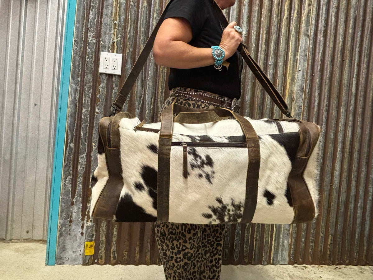Black & White Cowhide Weekender Duffel Bag