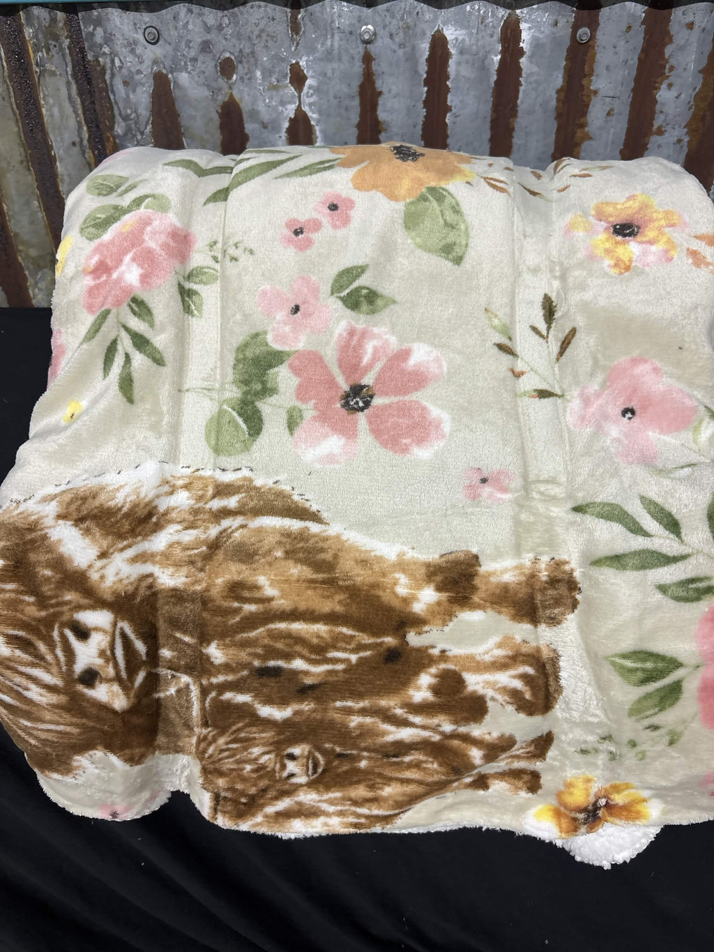 Western Highlander Cow & Calf Floral Sherpa‑Backed Queen Blanket