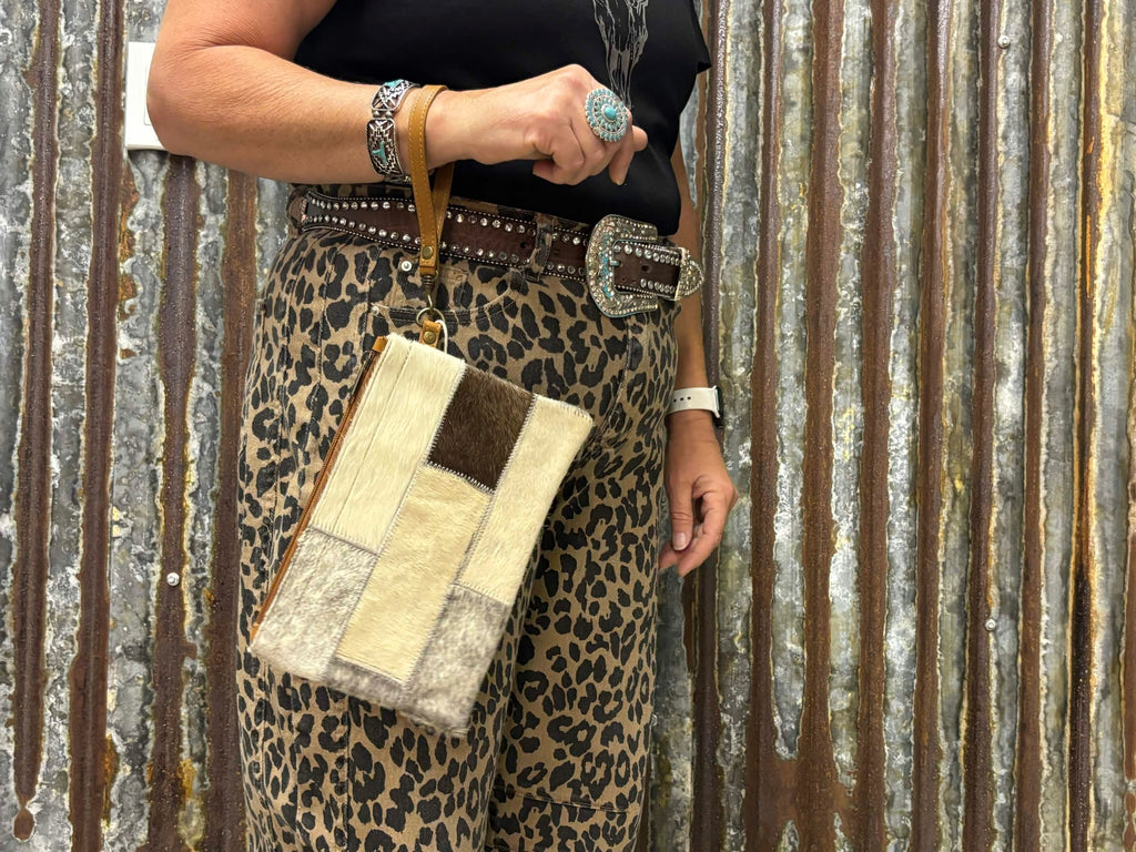Genuine Hair-On Cowhide Zipper Wristlet Pouch